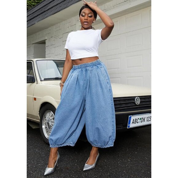 Women's Cropped Elastic Waist Denim Pants Loose Baggy Wide Leg Trousers - Picture 2 of 9